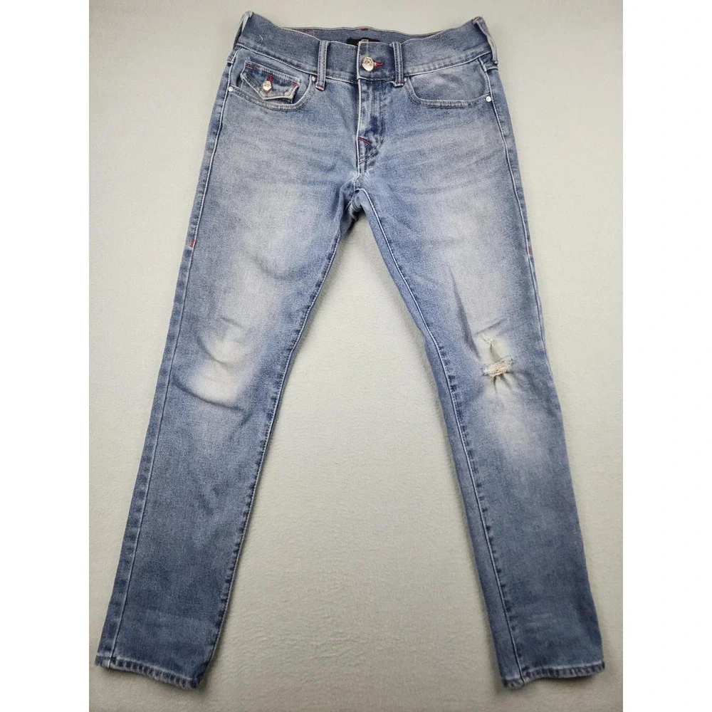 True Religion Rocco SN Flap Skinny Jeans Mens 29x31 Light Wash Distressed Denim
